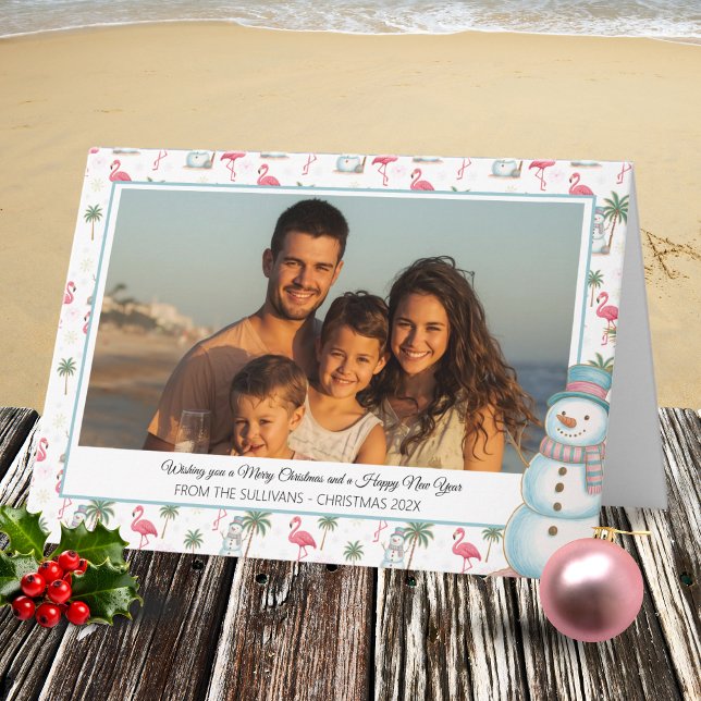 Cartão De Festividades Tropical Christmas Pink Flamingo & Palm Tree Photo (Pink Flamingo Tropical Christmas Holiday Photo Card with White background)