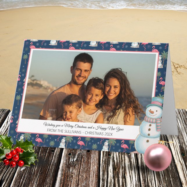 Cartão De Festividades Tropical Christmas Pink Flamingo & Palm Tree Photo (Pink Tropical Christmas Photo Holiday Card)