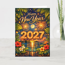 Cartão De Festividades Tropical Fireworks Sunset Happy New Year 2027