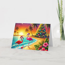 Cartão De Festividades Tropical Flamingos on Beach Christmas Holiday Card