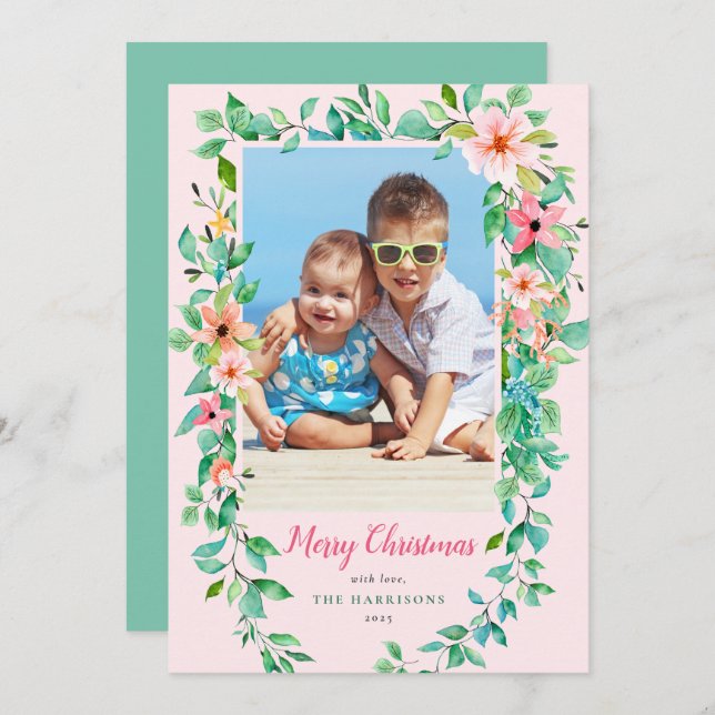 Cartão De Festividades Tropical Floral Christmas Pink Photo Holiday Card (Frente/Verso)