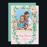 Cartão De Festividades Tropical Floral Christmas Pink Photo Holiday Card<br><div class="desc">This lovely tropical holiday photo card sends warm wishes to your loved ones. The island-theme Christmas photo card is the perfect way to showcase your vacation photos, or for those who live in warm locales or tropical areas. Watercolor flowers and leaves frame your favorite photo, with rose pink text below...</div>