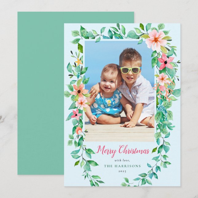 Cartão De Festividades Tropical Flowers Blue Christmas 1-Photo Card (Frente/Verso)