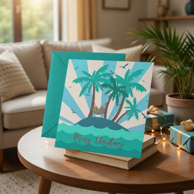Cartão De Festividades Tropical Island Palm Tree Christmas Card  (Criador carregado)