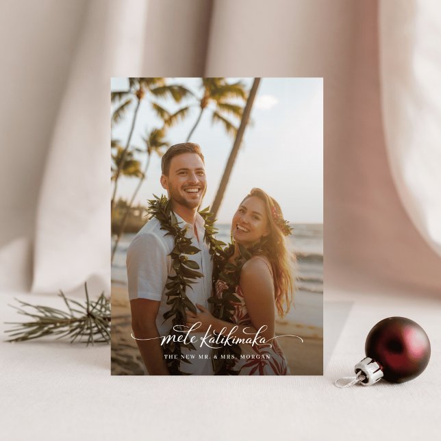 Cartão De Festividades  Tropical Mele Kalikimaka Newlywed Beach Photo (Criador carregado)