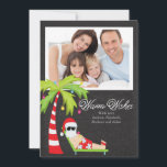 Cartão De Festividades Tropical Santa Christmas Holiday Family Photo Card<br><div class="desc">Trendy & Popular Chalkboard tropical hawaiian santa warm wishes family photo christmas card featuring a cute lounging santa under a palm tree decorated with christmas lights and ornaments set on a stylish blackboard modern chalkboard background.. Just personalize with your information and add a photo of your beautiful family and you...</div>
