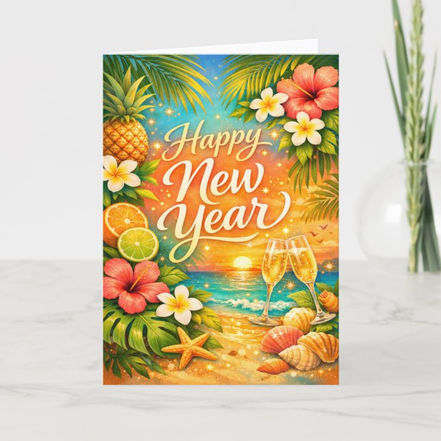 Cartão De Festividades Tropical Sunset Champagne Happy New Year (Frente)