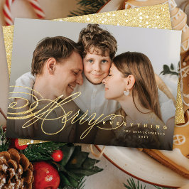 Cartão De Festividades Tudo Alegre Dourado Glitter Script Foto Clássica