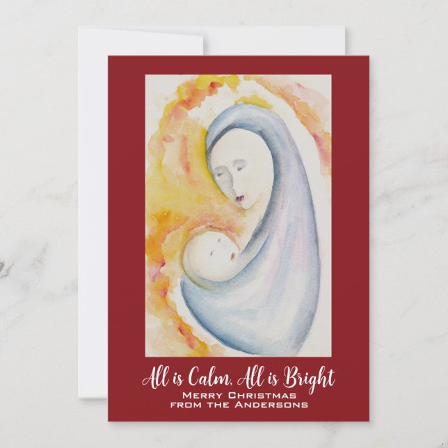 Cartão De Festividades Tudo é Calmo, Tudo é Brilho, Madonna e Criança (Frente)