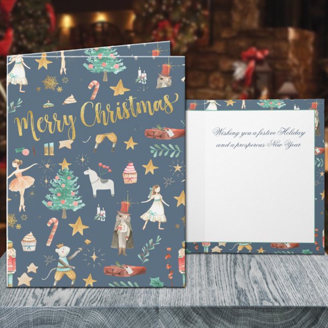 Cartão De Festividades Tudo o Noz-Cacker Dourado Feliz Natal Azul (Everything Nutcracker Gold Merry Christmas Blue Holiday Wraparound Graphics Folded Card)