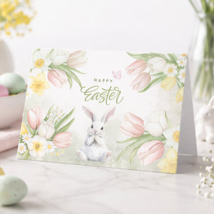 Cartão De Festividades Tulipas Rosa Pastel Aquarela Coelho de Páscoa