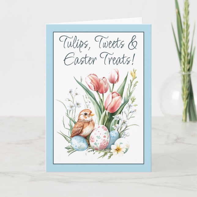 Cartão De Festividades Tulipas, Tweets e Tratamentos de Páscoa Azul Dobra (Frente)