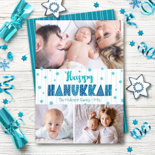 Cartão De Festividades Turquesa 3 Foto Feliz Hanukkah Tipografia Moderna
