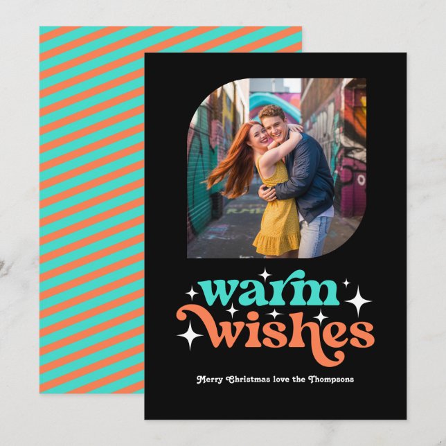 Cartão De Festividades Turquesa & Coral Moderno Natal em Retro Foto (Frente/Verso)
