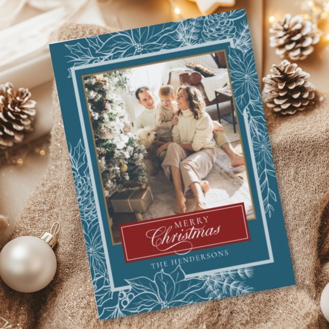 Cartão De Festividades Turquesa Red Botânica Feliz Foto de Natal (Criador carregado)