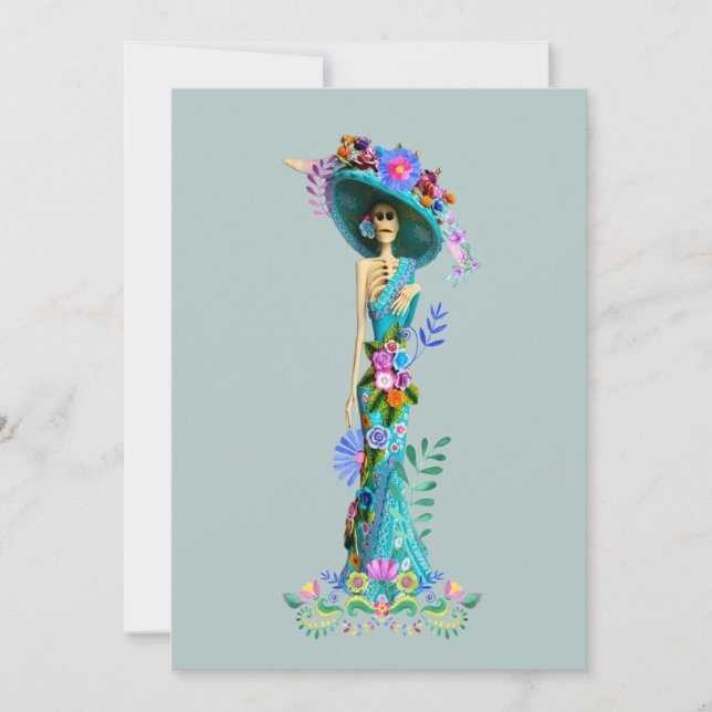 Cartão De Festividades Turquesa & Rosa Dia dos Mortos Catrina Elegante (Frente)
