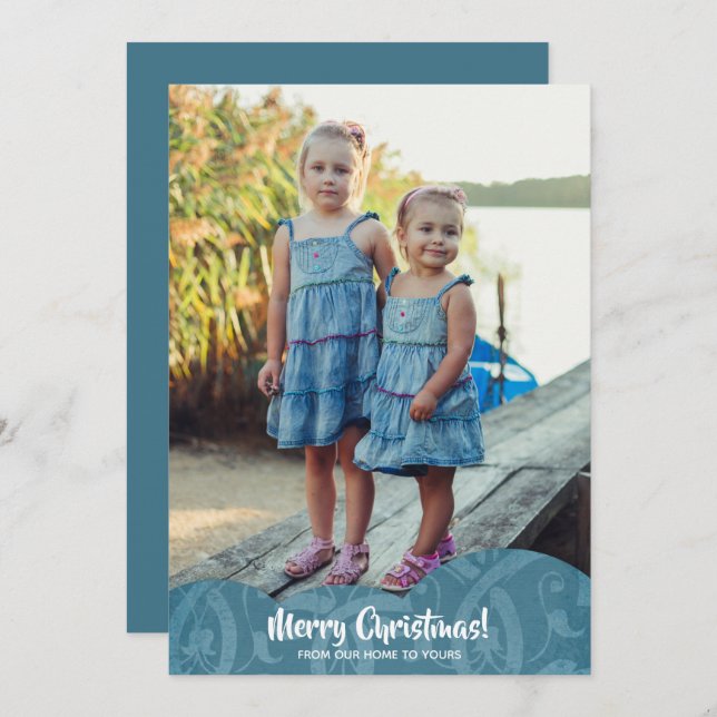 Cartão De Festividades Turquoise Linen Filigree Foto de Natal (Frente/Verso)