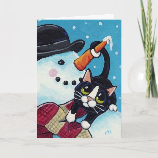 Cartão De Festividades Tuxedo Cat and Gentleman Snowman Christmas Card (Frente)