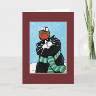Cartão De Festividades Tuxedo Cat and Robin Christmas Card