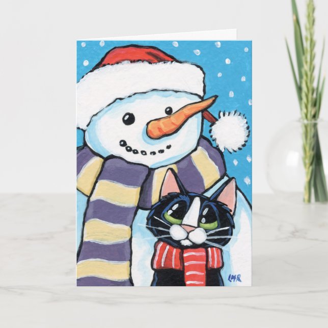 Cartão De Festividades Tuxedo Cat e Carrot Nose Snowman Painting (Frente)