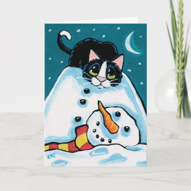 Cartão De Festividades Tuxedo Cat e Snowman sem cabeça (Frente)