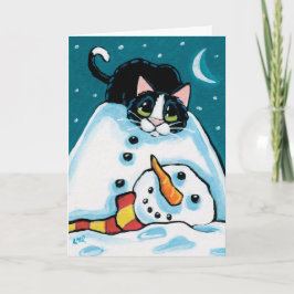 Cartão De Festividades Tuxedo Cat e Snowman sem cabeça