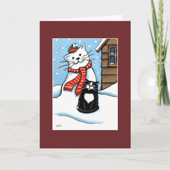 Cartão De Festividades Tuxedo Cat, Robin & Snowman Christmas Card (Frente)