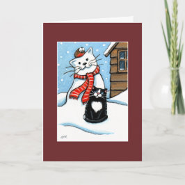 Cartão De Festividades Tuxedo Cat, Robin & Snowman Christmas Card