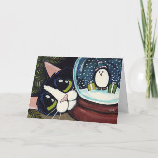 Cartão De Festividades Tuxedo Cat & Snow Globe | Animal Art Greeting Card