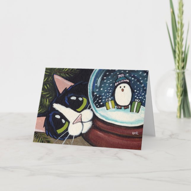 Cartão De Festividades Tuxedo Cat & Snow Globe | Animal Art Greeting Card (Frente)