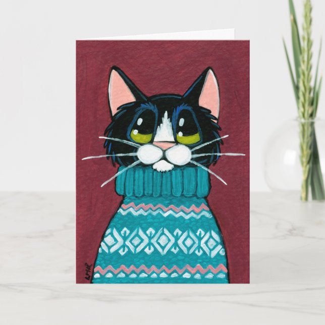 Cartão De Festividades Tuxedo Cat Wearing an Ugly Sweater Painting (Frente)