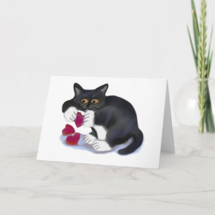 Cartão De Festividades Tuxedo Kitten has Three Valentine Heart Catnip Toy