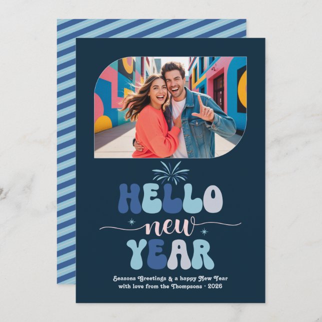 Cartão De Festividades Twilight Ocean Hello New Year Blue Retro Photo (Frente/Verso)