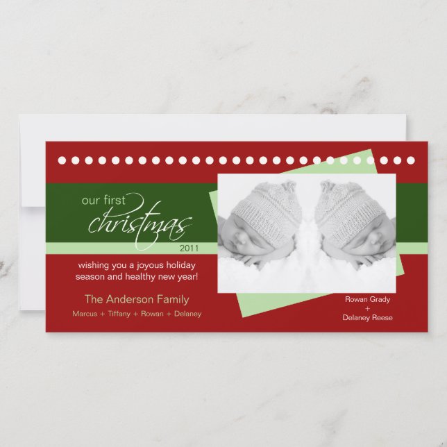 Cartão De Festividades Twins 1st Christmas Holiday Photocard (red) (Frente)