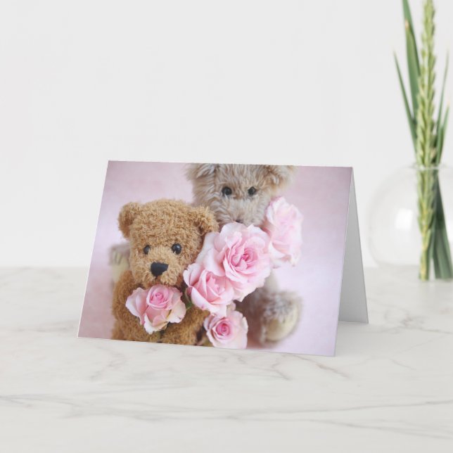Cartão De Festividades two teddy bears holding roses greeting card (Frente)