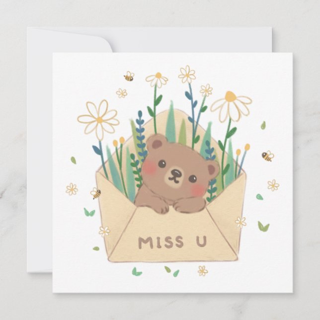 Cartão De Festividades U: Urso de Teddy e Flores no Envelope (Frente)