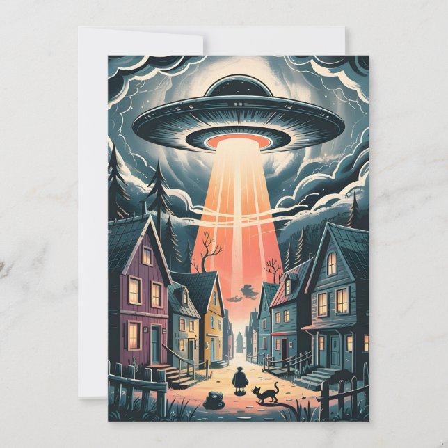 Cartão De Festividades UFO Abduction Night Street Illustration (Frente)