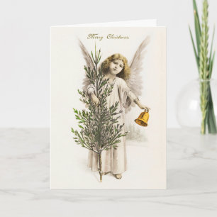 Cartão De Festividades Um anjo segurando um sino de Natal Vintage Holiday
