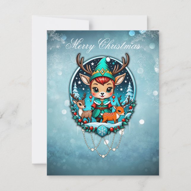 Cartão De Festividades Um belo estilo cartoon rener elf (Frente)