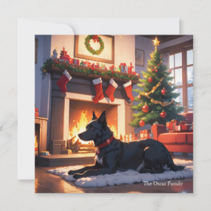 Cartão De Festividades Um Cachorro com árvore de Natal e lareira