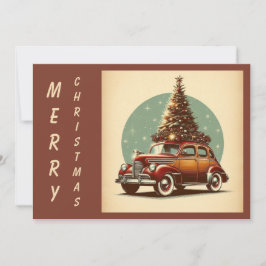 Cartão De Festividades Um carro clássico e uma árvore natal vintage