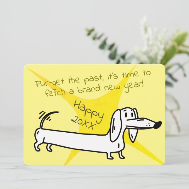 Cartão De Festividades Um doce Dachshund te deseja um Excelente ano novo (Em pé/Frente)