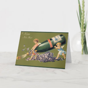 Cartão De Festividades Um Feliz Ano Novo, Anjos Vintage com Champanhe