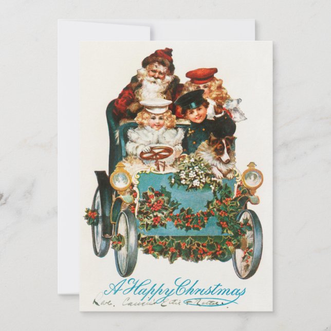 Cartão De Festividades Um Feliz NatalPapai Noel e Crianças Dirigindo Carr (Frente)