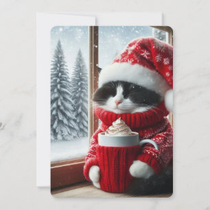 Cartão De Festividades Um gato branco e preto com chapéu de Papai Noel