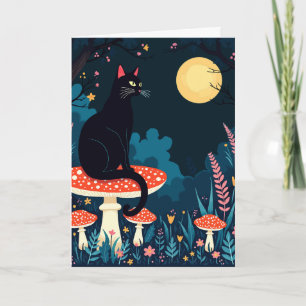 Cartão De Festividades Um Gato Preto Familiar e Cogumelos Venenosos Hallo