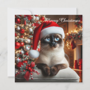 Cartão De Festividades Um gato siamês usa um chapéu de Papai Noel