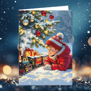Cartão De Festividades Um menino e seu trem de Natal velhos movidos