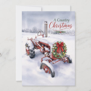 Cartão De Festividades Um Natal Rural Vintage Trator Vermelho