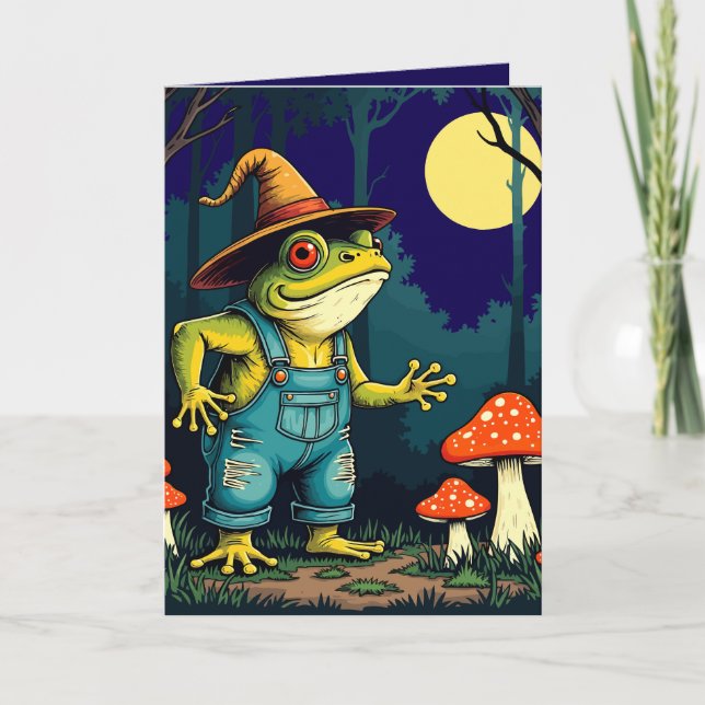 Cartão De Festividades Uma Bruxa Sapo Familiar Forrageando à Noite (Frente)